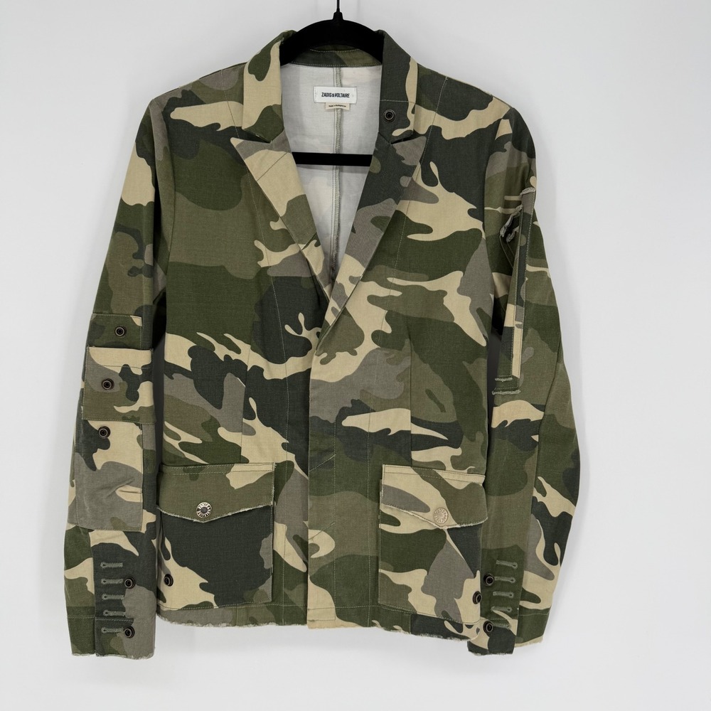 ZADIG & VOLTAIRE VIRGINIA CAMO BLAZER JACKET DISTRESSED UTILITY KHAKI SMALL